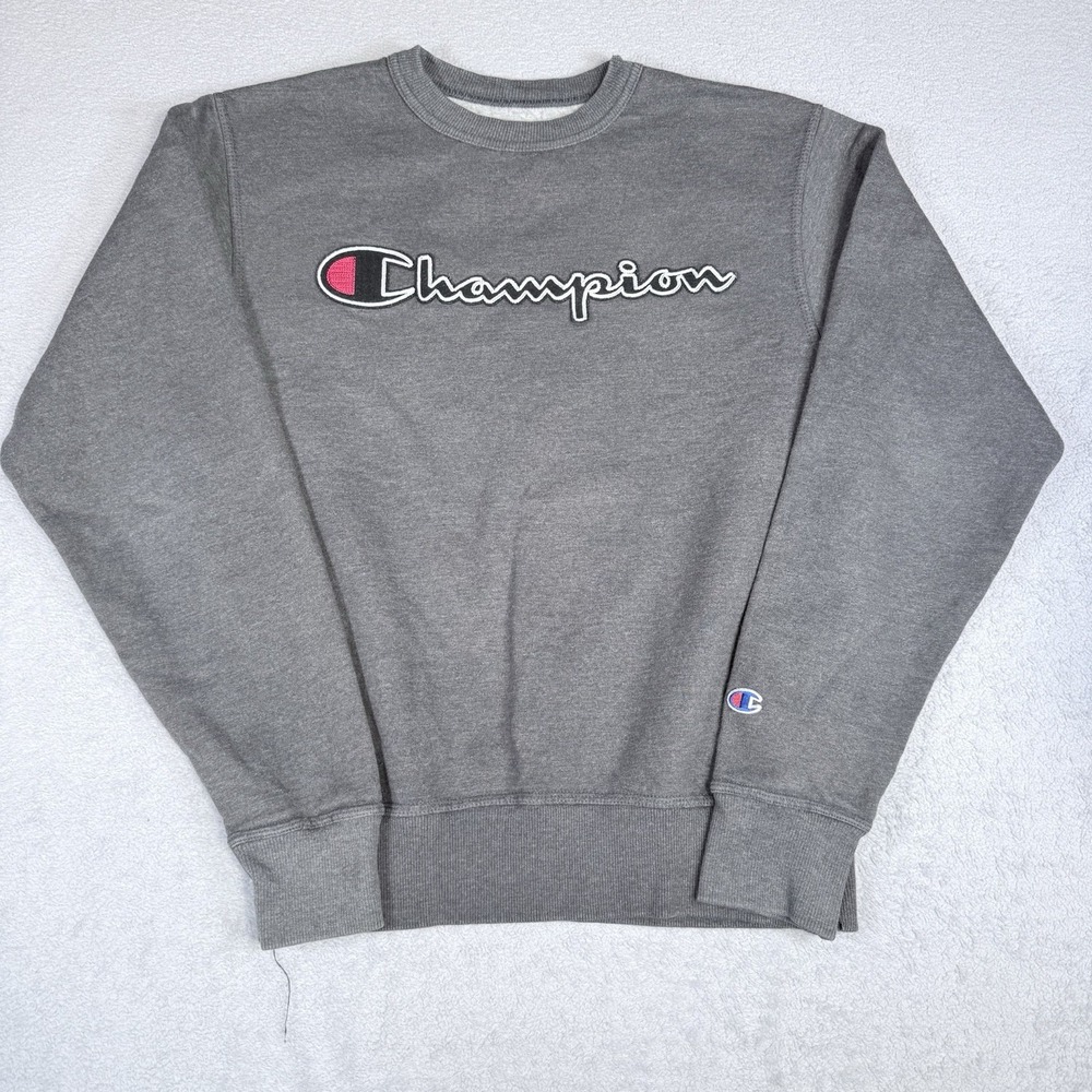 Champion Spellout Crewneck Sweatshirt Womens S Gray Embroidered Logo Y2K